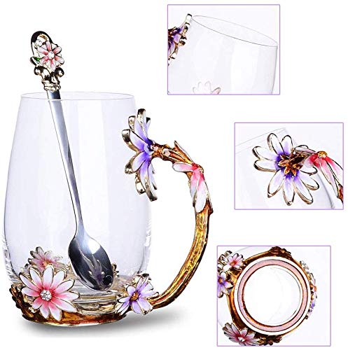 Purple Tall Enamel Flower Glass Coffee Mug with Spoon - Gift for Women