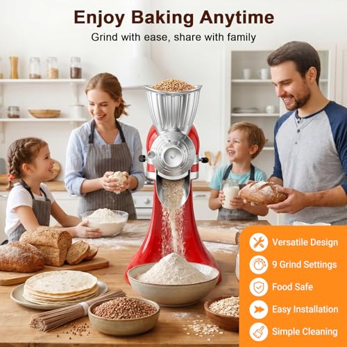 Metal Grain Mill Attachment for Stand Mixers, 9-Level Adjustable Flour Grinder