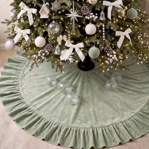 60-Inch Sage Green Velvet Christmas Tree Skirt with Bows & Ruffled Edge