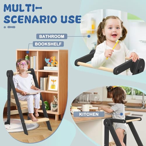 Foldable Toddler Kitchen Stool - 3-Height Adjustable Wooden Learning Tower