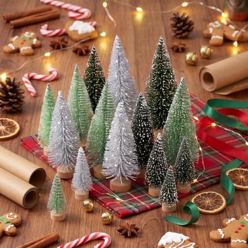 Hatisan 30pcs Mini Christmas Trees Artificial Snowy Bottle Brush Trees with Wooden Base - Silver