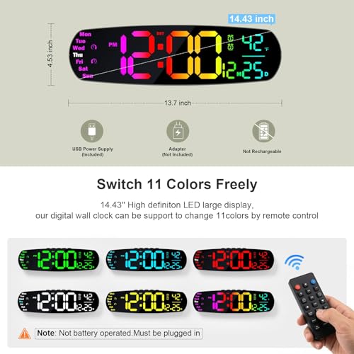 ANALOI Vibrant Large Digital Wall Clock 14.4 Inch Classroom Display
