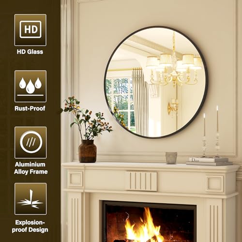 30-Inch Round Wall Mirror, Matte Black Aluminum Frame Vanity Mirror