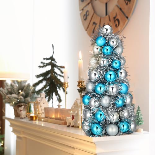 Cinnvoice 11-Inch Teal Blue Tabletop Christmas Tree with 62-Piece Silver & Blue Ornaments