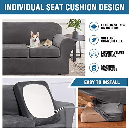 4-Piece Stretch Velvet Sofa Slipcover for 3-Cushion Couch (72-90 In)