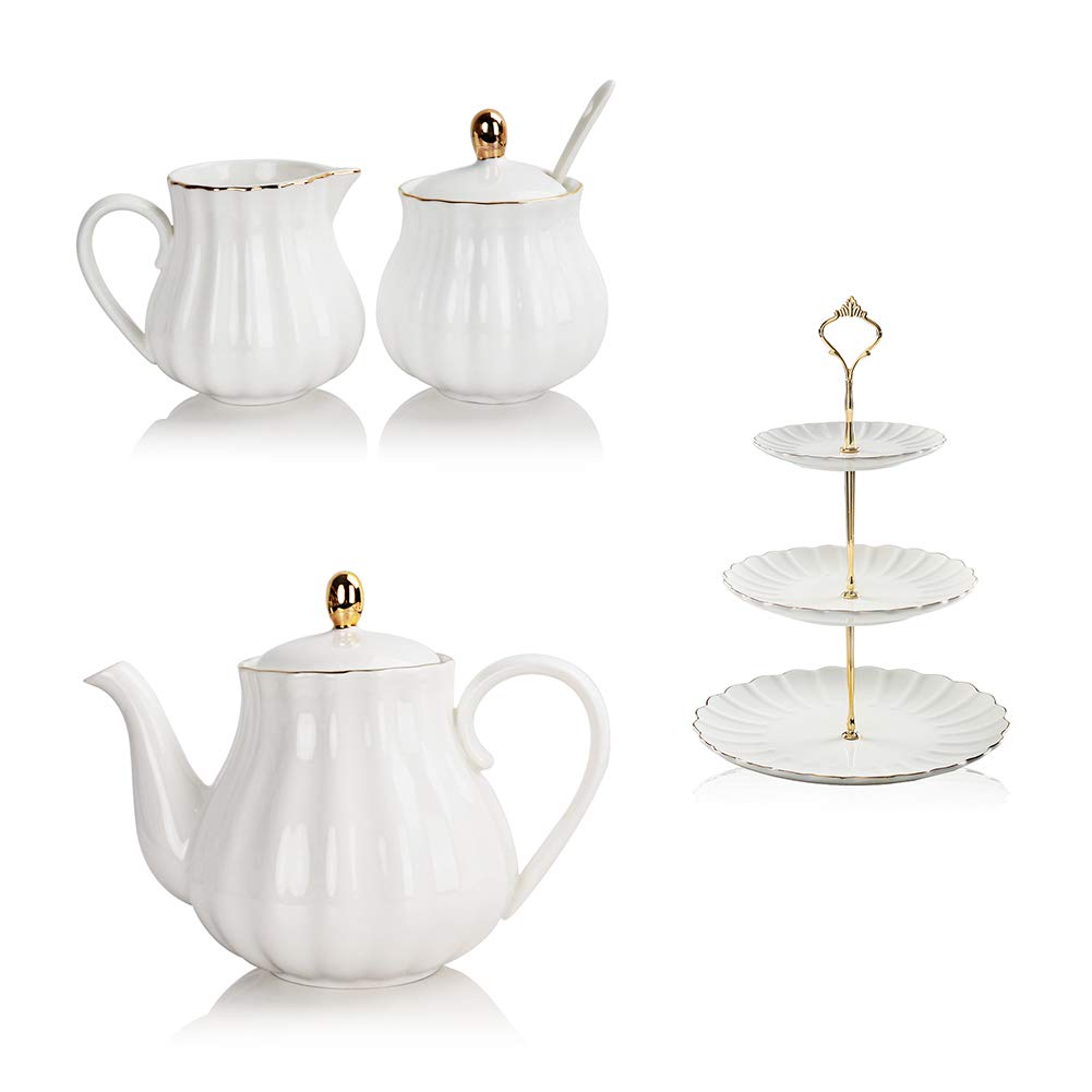 SWEEJAR 3 Tier Ceramic Cake Stand and Ceramic Sugar & Creamer Set,