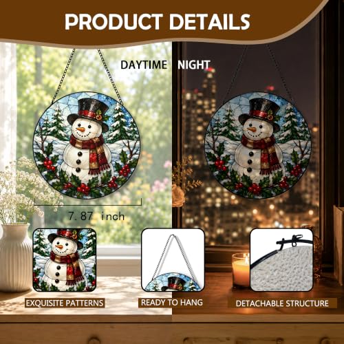 FZSZSD Snowman 9 Winter Glass Suncatcher - 7.8 x 7.8 inch Rustic Holiday Window Decor