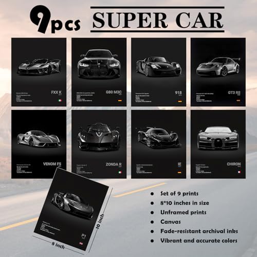Vintage Racing Car Canvas Wall Art Prints 8x10 Inch 9-Piece Set