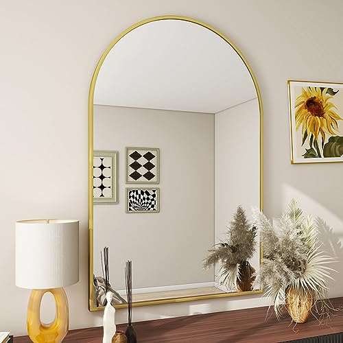 24x36 Inch Arched Wall Mirror, Brushed Metal Frame Vanity Mirror for Bathroom