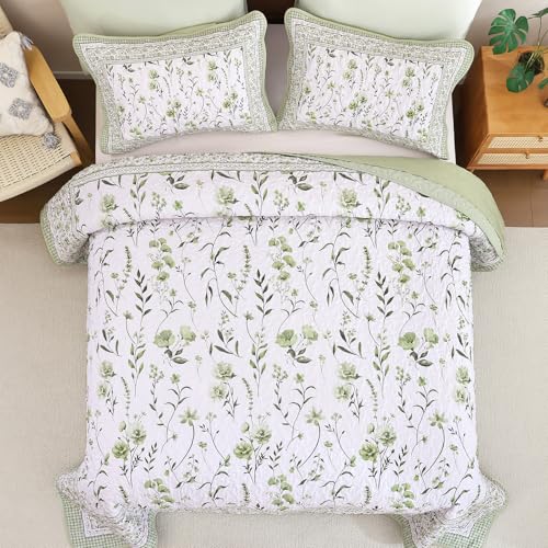 Sage Green Floral Quilt Set Queen - Lightweight Farmhouse Bedding