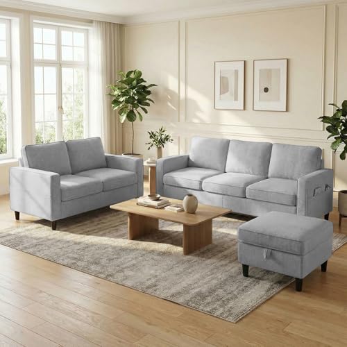 78-Inch L-Shaped Sectional Sofa with Storage Ottoman and Side Pockets