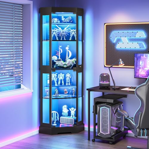 6-Tier Corner Display Cabinet with Glass Doors and LED Lighting