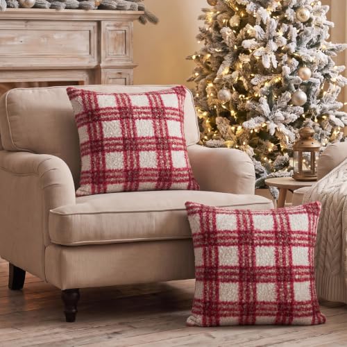 Artmag Christmas Throw Pillow Covers 20x20 Inch Set of 2 Buffalo Plaid Decorative Pillow Covers in White and Red