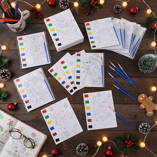 Funrous Christmas Watercolor Coloring Books Bulk Set with Paintbrushes & Bags - 168 pcs