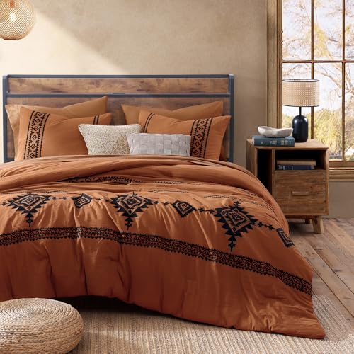 7-Piece Embroidered Queen Comforter Set - Burnt Orange Bed in a Bag