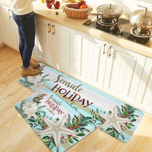 Carosoffe Coastal Christmas Kitchen Rugs 2 Pack, Non-Slip Absorbent Mat Set, 18x30 & 18x47 Inches, Seaside Holiday Decor
