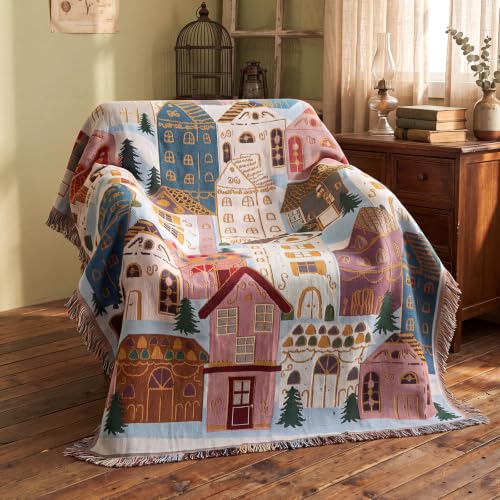 Christmas House Woven Throw Blanket 50x60 Inches with Holiday Village Design - CrystalSylara