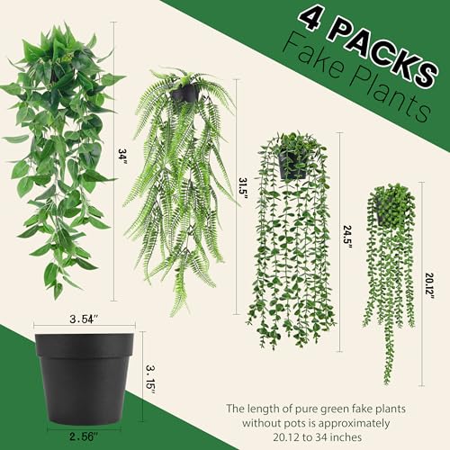 4-Pack Artificial Hanging Plants in Black Pots - Faux Cascading Vine Wall Decor