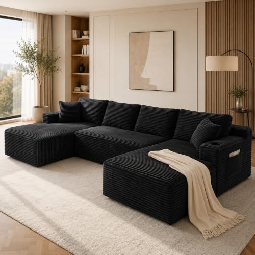 134-Inch Modular Sectional Sleeper Sofa, Corduroy U-Shaped Couch with Storage