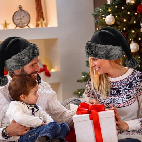 Black Christmas Santa Hat for Adults Plush Holiday Headwear
