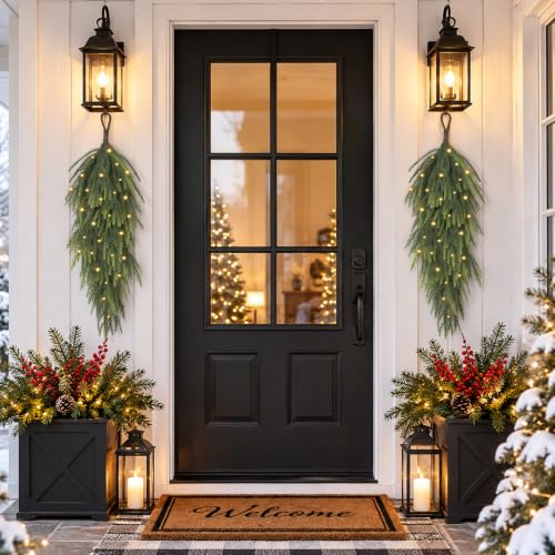 Waipfaru 2 Pcs Artificial Norfolk Pine Christmas Teardrop Swag with Lights - Green / 30 Inch Length