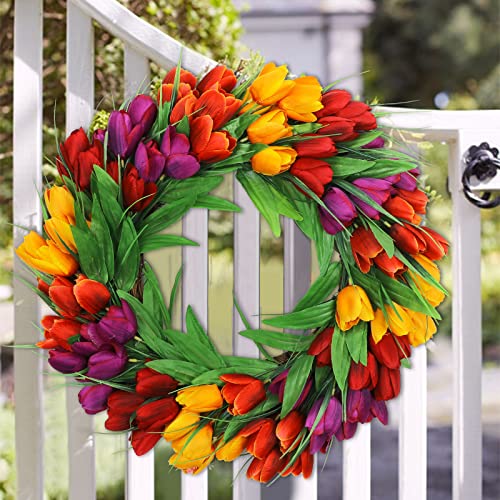 20-Inch Artificial Tulip Wreath for Front Door, Silk Spring Flower Decor