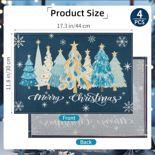 Navy Blue Christmas Placemats Set of 4 12x18 Inch Xmas Trees Snowflakes Holiday Table Decor