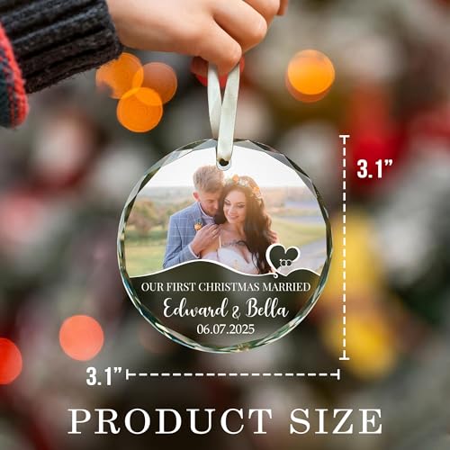 Personalized First Christmas Married Glass Photo Ornament 2026