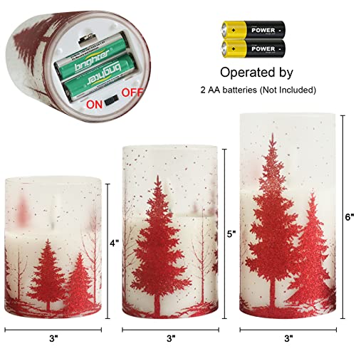 Red Christmas Tree Flameless Candles with Remote & Timer - Frosted Glass, 3 Inches, Set of 1-3