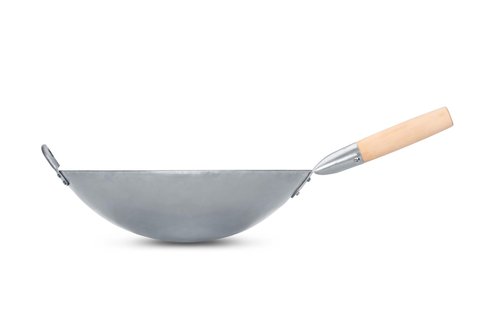 Craft Wok Traditional Hand Hammered Chinese Carbon Steel Wok with Wooden and Steel Helper Handle (14 Inch, Round Bottom Pow Wok Pan) / 731W88