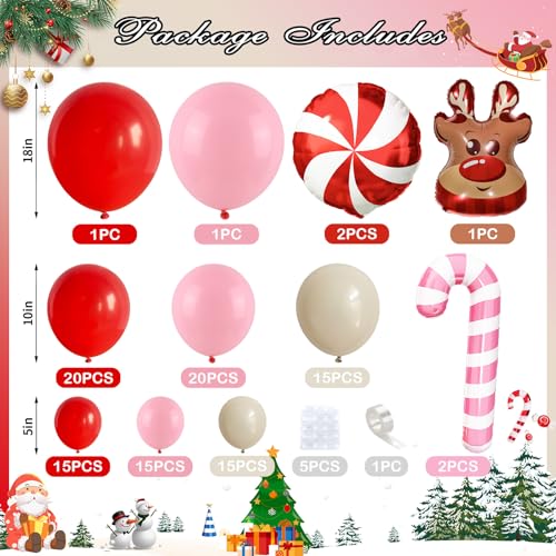 Froova Pink, Red & White Christmas Balloon Arch Kit with Reindeer & Candy Cane Foil Balloons – Includes 2 Pink, 2 Red Candy, Variety Balloons (Red/Pink/White)