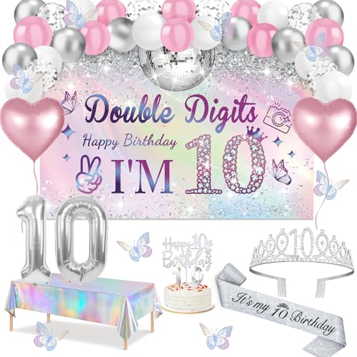 Juesly 10th Birthday Decorations for Girls - Iridescent Silver 49pcs | Variation 10XC