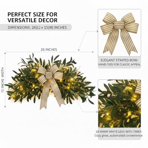 Pre-Lit Artificial Olive Branch Swag with 20 LED Lights and Striped Bow