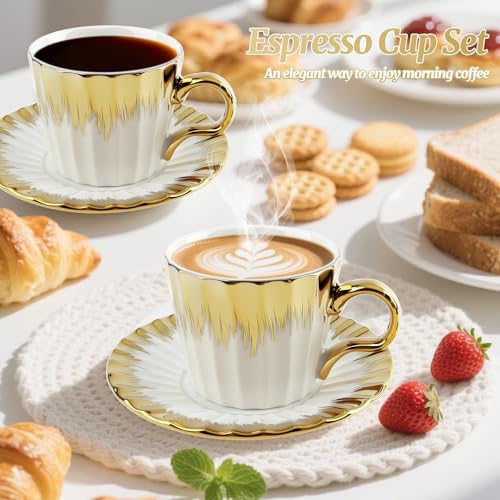 Hebaogugu Gold Trim Espresso Cup Set of 6 3.5 OZ Ceramic Turkish Coffee Cups with Saucers - 01/100ml