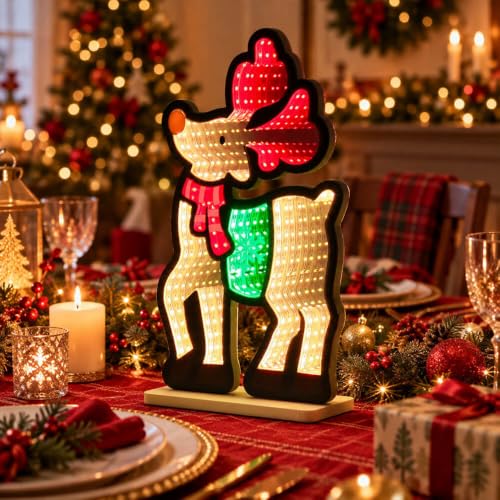 MEETYAMOR Reindeer Christmas Infinity Mirror Light - 3D LED Night Lamp, USB Powered Indoor Decor