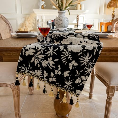 Fall Chenille Table Runner 14 x 95 Inch – 3D Jacquard with Tassels,