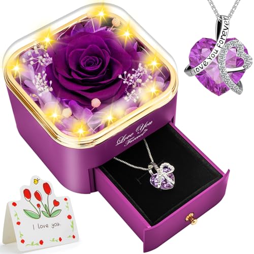 Lebana Preserved Purple Rose with Heart Necklace for Women, Mom, Girlfriend, Anniversary Gift