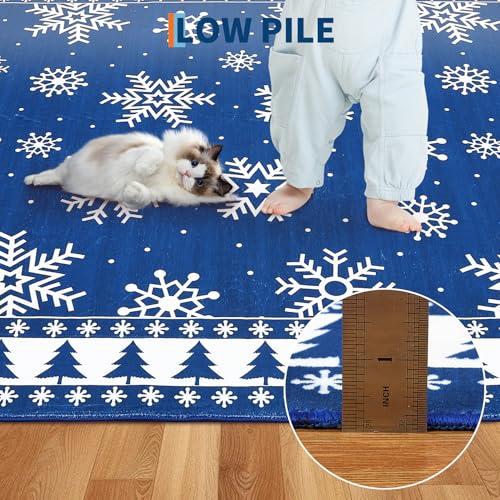 ROYHOME Blue Christmas Runner Rug 2' x 8' Bordered Holiday Hallway Carpet