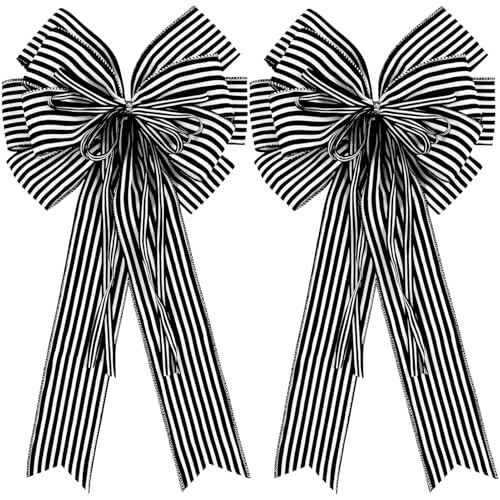 Black and White Striped Decorative Bows for Wreaths & Trees - 2 Pack, 12x20 In