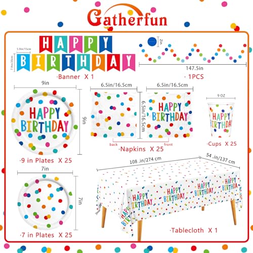 Gatherfun Multicolor Dots Birthday Party Supplies Set - Serves 25, Includes Plates, Napkins, Cups, Banner & Tablecloth