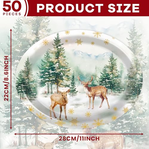 Christmas Reindeer Oval Paper Plates 11in - 50ct Watercolor Trees & Snowflakes