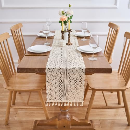 60 Inch Beige Boho Crochet Table Runner - 12"W x 60"L Beige Rhomb, Cotton Lace
