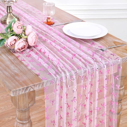 Pink Cheesecloth Table Runner 10FT with Pink Tulle & Bows for Wedding & Party Decor