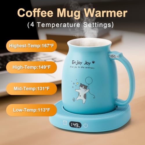 Blue Cat Mug Warmer Set with Ceramic Cup & Spoon - Electric Heated Desk Coffee & Tea Warmer