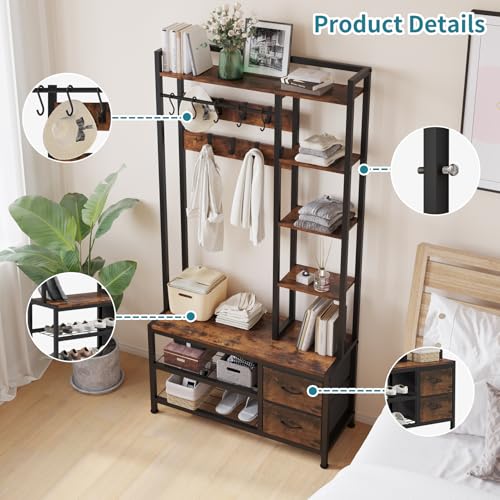 6-in-1 Entryway Hall Tree with Storage Bench, Drawers, Shelves, and Coat Rack