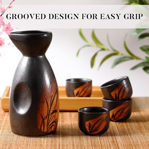 Skyley Japanese Ceramic Sake Set with Wooden & Grass Tray, 6 Pcs