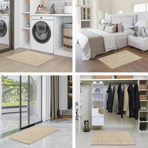 3-Piece Chenille Bath Rug Set, Soft Absorbent Non-Slip Bathroom Mat, Beige