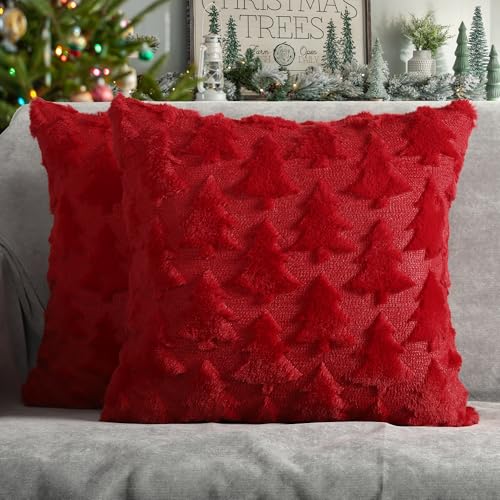 4TH Emotion Red Christmas Pillow Covers 20x20 Set of 2 Faux Fur - 100% Polyester