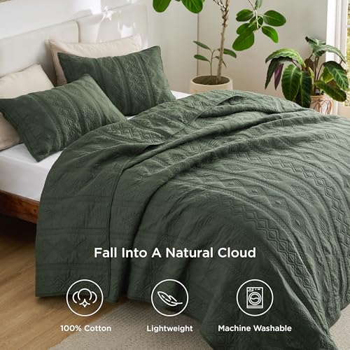 Bedsure 100% Cotton King Quilt Set - Olive Green Lightweight Coverlet