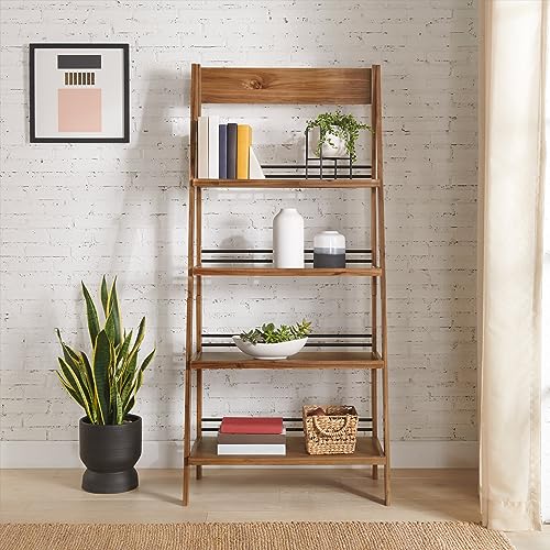 4-Tier Ladder Bookshelf, Rustic Wood Standing Bookcase with X-Back Frame